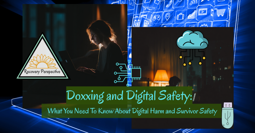 Person using a laptop in a quiet, dimly lit space with digital icons, representing doxxing, online privacy, and digital safety for survivors.